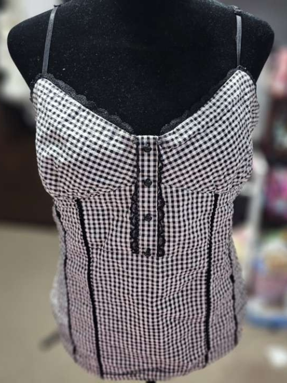 le chateau Black & White Gingham Lace-Trim Cami
